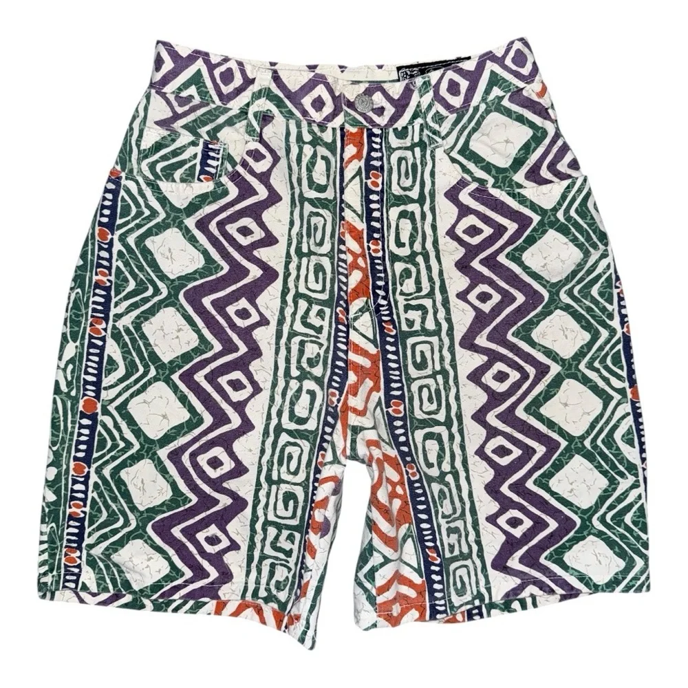 VTG 80s 90s NOT GUILTY High Rise Shorts Sz 5/6 USA Made Bold Aztec Tribal Print